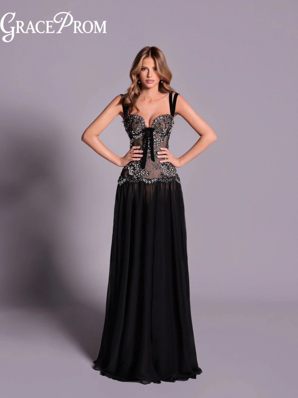 

Black Shiny Beaded Chiffon Long Evening Dress Elegant Thin Straps A-line Wedding Party Gown Customized Stunning Prom Dresses