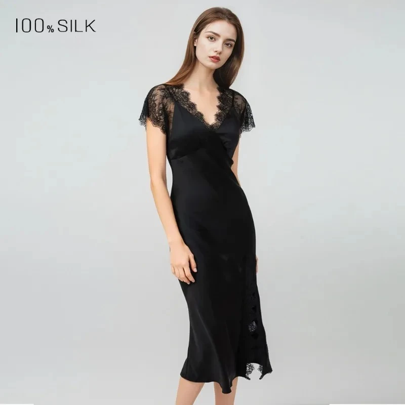 High End 19momme Heavy Silk Nightgown Women Slim-Fit Design with Chest Pad Elegant Slit Luxurious Mulberry Silk Cozy XL Size