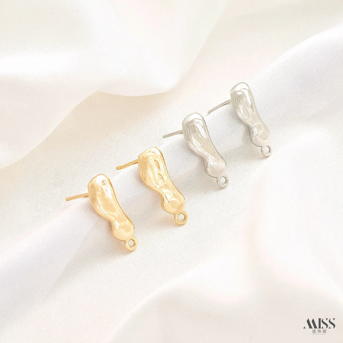 14K Real Gold Plated Long Bar Irregular Baroque Ear Studs, Silver Needle Bean Earrings With Loop, DIY Earring Accessories