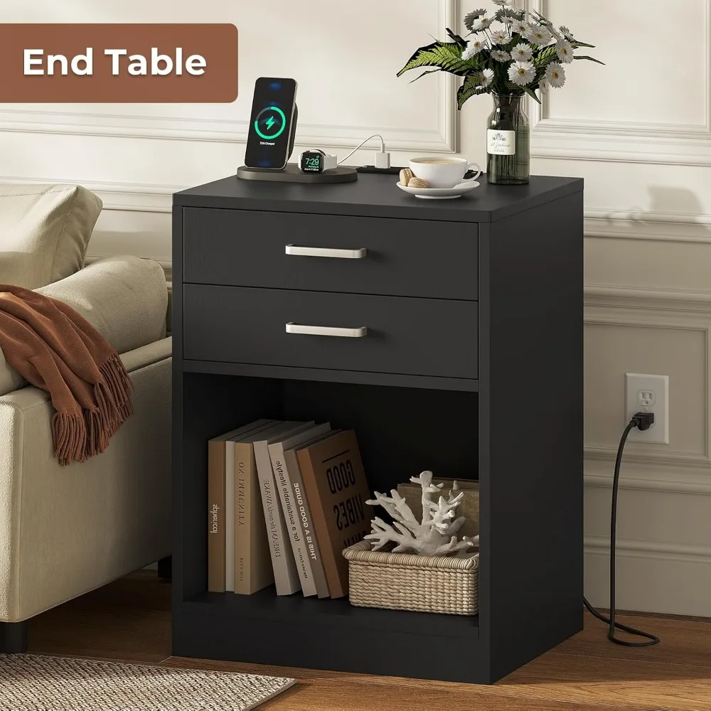 

Bedside Table Set 2, Black Bedside Table with Charging Station and Drawer, Bedroom Bedside Table Set 2 Pieces