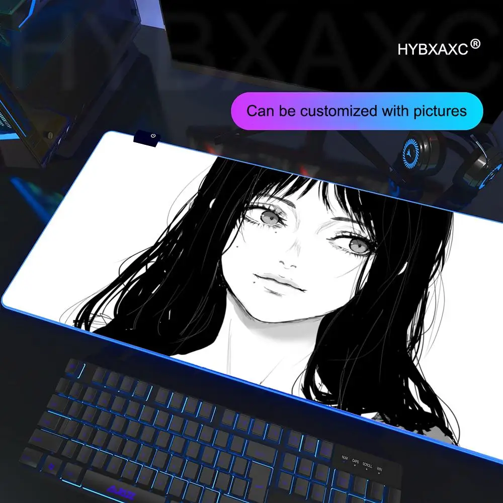 

HYBXAXC 2026 Mouse Pad Back and White Girl Anime RGB Gaming Mouse Pad Desk Mat HD Gamer Large LED Light XXL 900X400MM Mouse Pad
