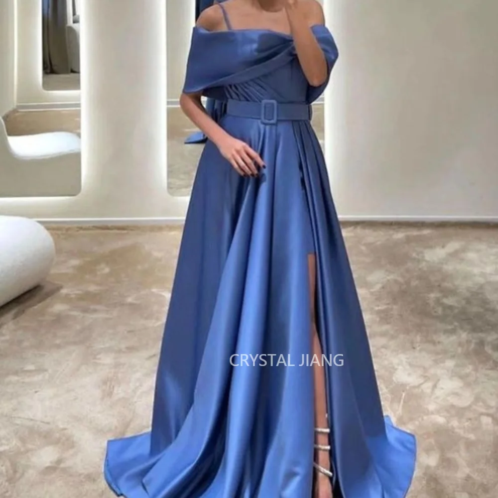 

Simple Long Off the Shoulder Satin Evening Dresses Short Sleeves with Sash A Line Slit Sweep Train Vestidos De Noche