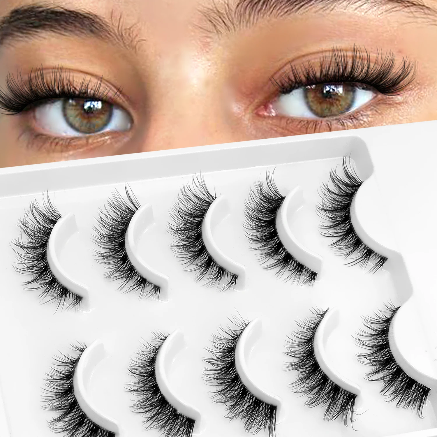 Lasvirey Fluffy Eyelashes Natural Cat Eye Lashes Fluffy Volume Faux Mink Lashes Natural Full Strip Clear Stem Lashes Extension