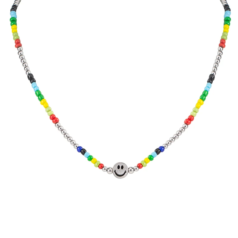 

High Quality Vintage Temperament Male/Female Pendant Stainless Steel Rainbow Glass Beads Smiley Face Necklaces