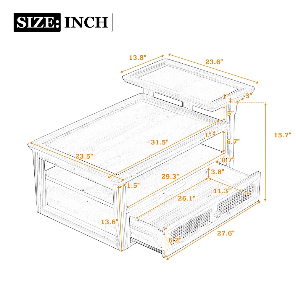 Modern Coffee Table,Coffee Table with 1 Storage Shelf,2 Tabletops and 1 Rattan Drawer for Living Room， Coffee Table，center Table