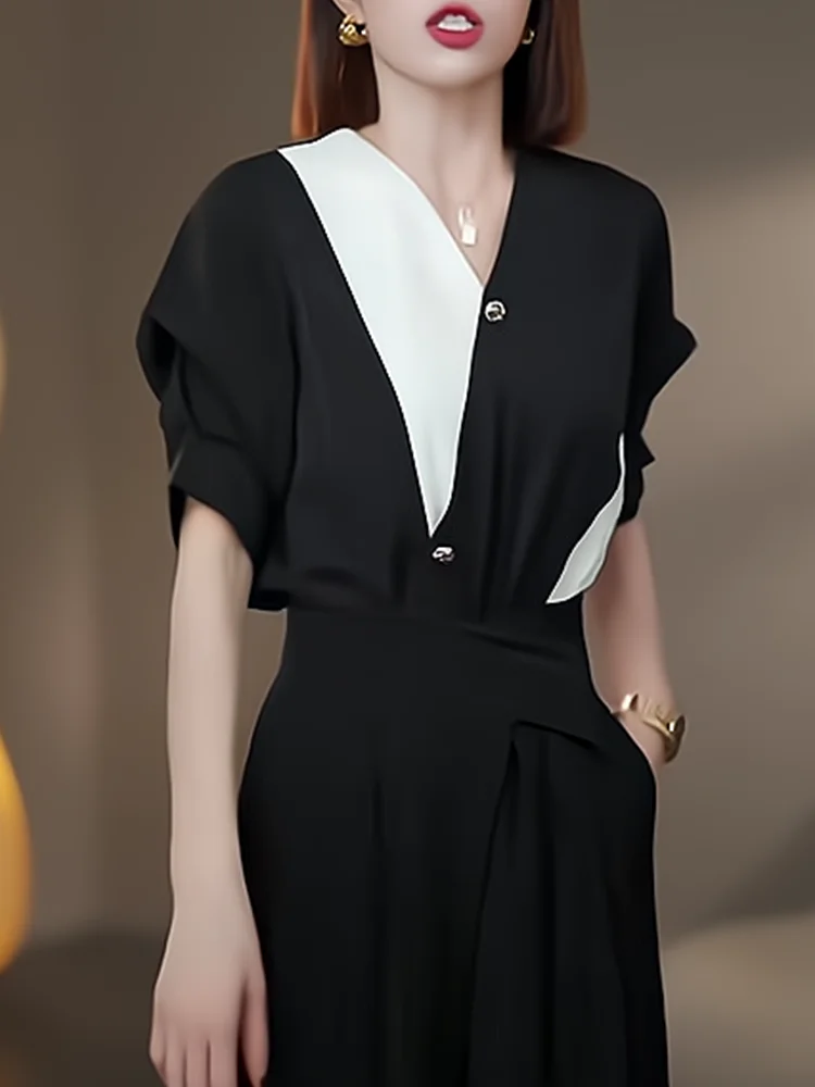 

Elegant V-neck Color Block Five-quarter Sleeve Shirt Women's Casual Top Summer New Style Versatile Loose Fit Korean Style