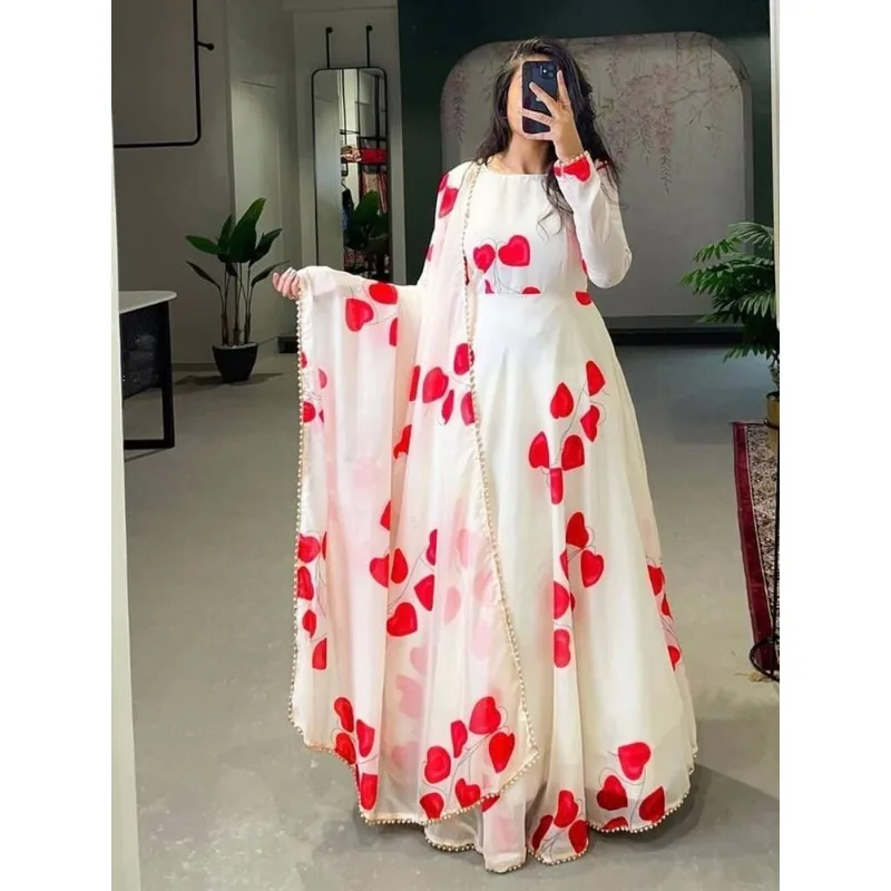 

Long Anarkali Gown Elegant Round Neck Salwar Kameez White Georgette Red Heart Print Kurti with Dupatta Set