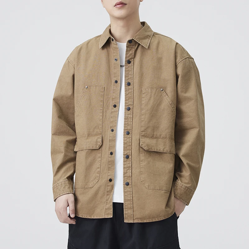

Washed Cotton Cargo Shirt Men Japanese Streetwear Fashion Loose Casual Long Sleeve Techwear Shirts Cityboy Blouses Cardigan Coat