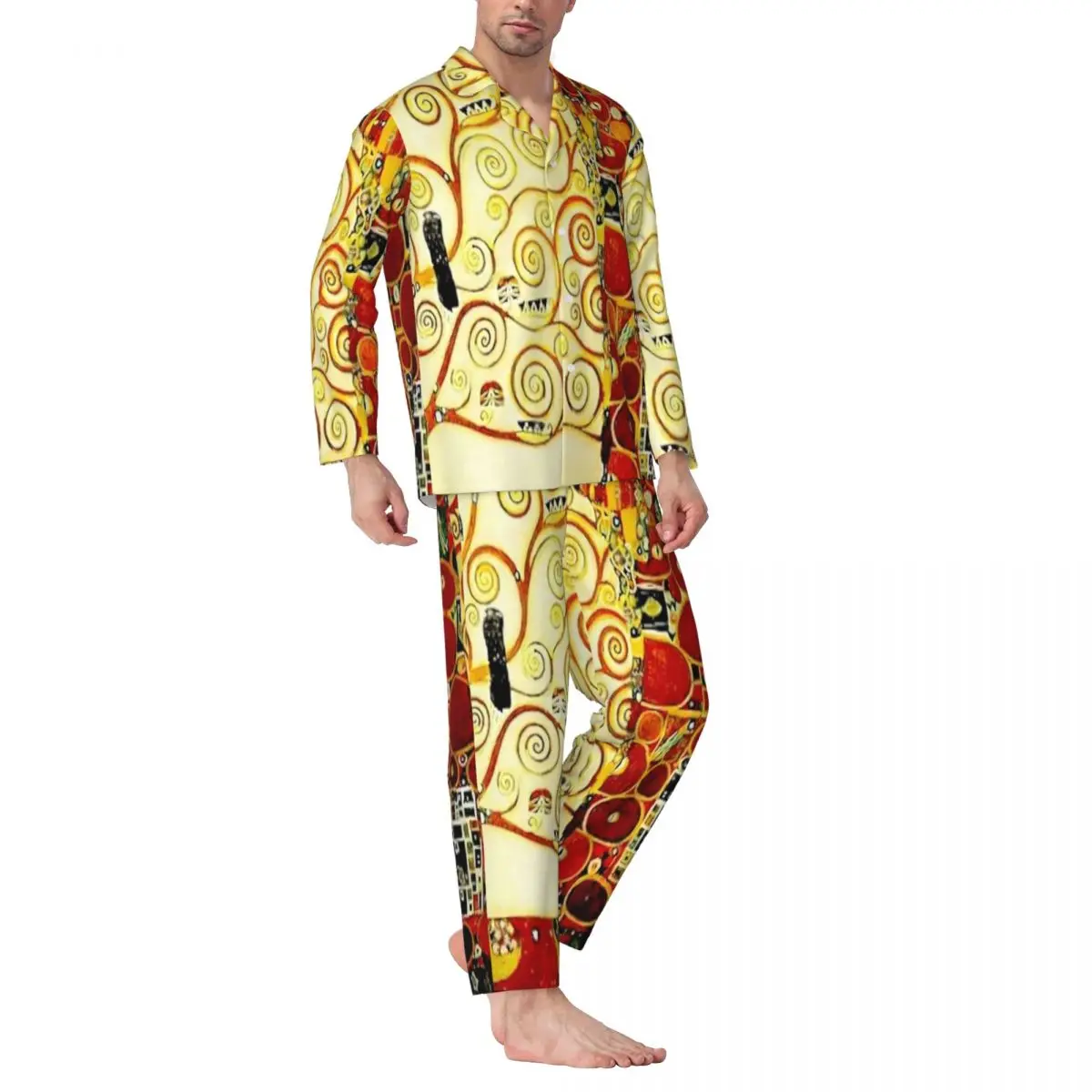 

Pajamas Men Gustav Klimt Art Home Nightwear The Tree of Life 2 Pieces Vintage Pajama Sets Long Sleeve Fashion Oversize Home Suit