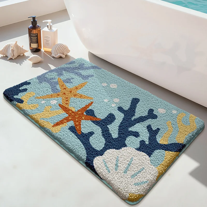 Minimalist Ocean Bathroom Mat, Thick Soft Absorbent Quick Dry Rug, Non Slip Backing, Anti Mold Skin Friendly Machine Washable