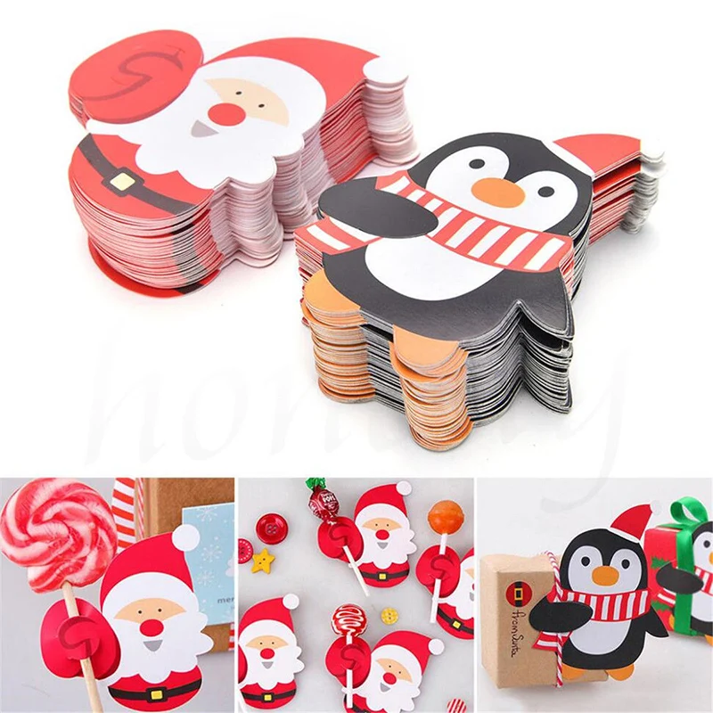 500/25x Christmas Lollipop Paper Cards Cartoon Snowman Santa Claus Candy Package Wrapping Kids Gifts New Year Party Decoration