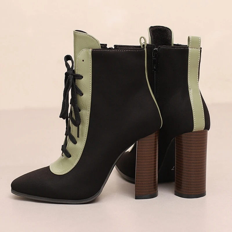 

SIMLOVEYO 2025 New Women's Ankle Boots Pointed Toe 10cm Thick Heels Leather Lace-Up Fashion Female Big Sizes 49-50 Spring Autumn