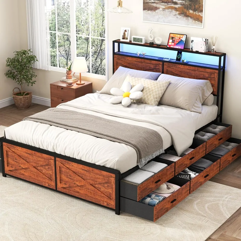 Queen Size Bed Frame with 12 Storage Drawers, LED Headboard with Charging Station, Metal Platform Bed Frame