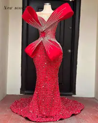 African Fashion Chic Design Red Beaded Mermaid Evening Dresses for Black Girls Plus Size Prom Dinner Party Gowns 2024 Customized