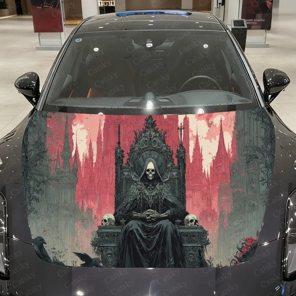 Crimson Throne Skeleton Raven & Skeleton Throne Car hood stickers, decorative pattern car stickers, car self-adhesive scratch re