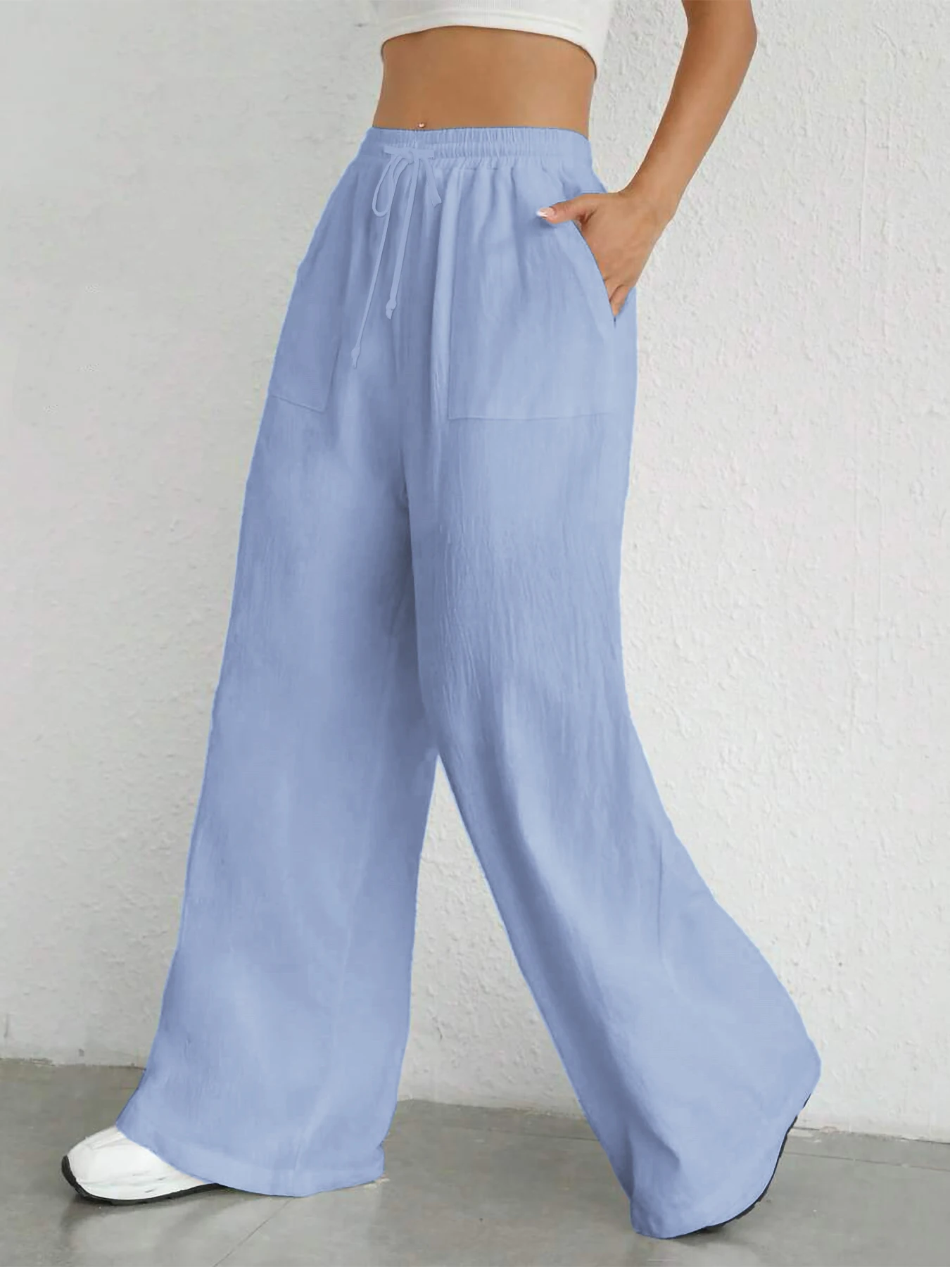 Damen-Hose in Unifarbe, lockere Hose mit weitem Bein, lässige Hose mit Kordelzug, gerade Hose mit Taschen, lässige Hose, lockere Hose mit hoher Taille – Detail 7