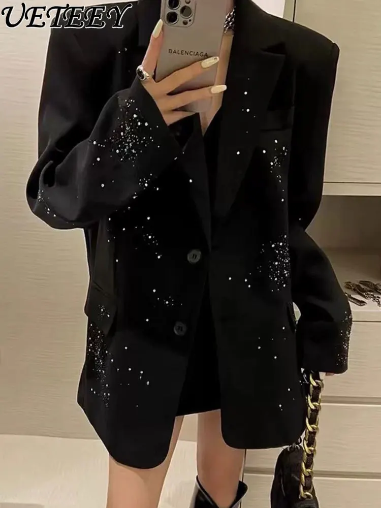 

French Style Black Rhinestone Blazer Jacket for Women Spring New Versatile Elegant Fashionable Mid-Length Trend Suit Coat
