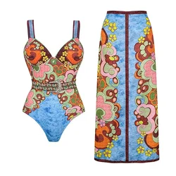 2024 Blue Printed Belt One Piece Swimsuit and Skirt Set Swimwear Bathing Suit  Clearance Wholesale