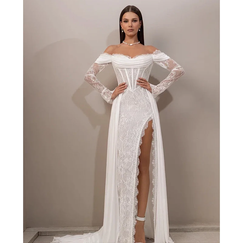 

Romantic Wedding Dress Lace With Split Chiffon A-Line Floor Length Ball Gown Boat Neck Full Sleeve Customized Bride Dress Zipper
