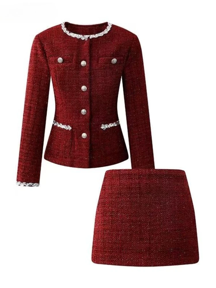Ano novo elegante festa de duas peças conjunto feminino vermelho tweed terno blazer + mini saia terno botões rendas chique moda conjunto eventos 2025 novo