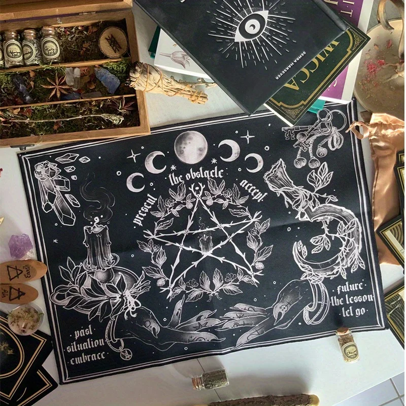 VIKAMA Mysterious Witch Pentagram Moon Phase Tapestry, Black White Magic Wall Hanging for Bedroom Living Room