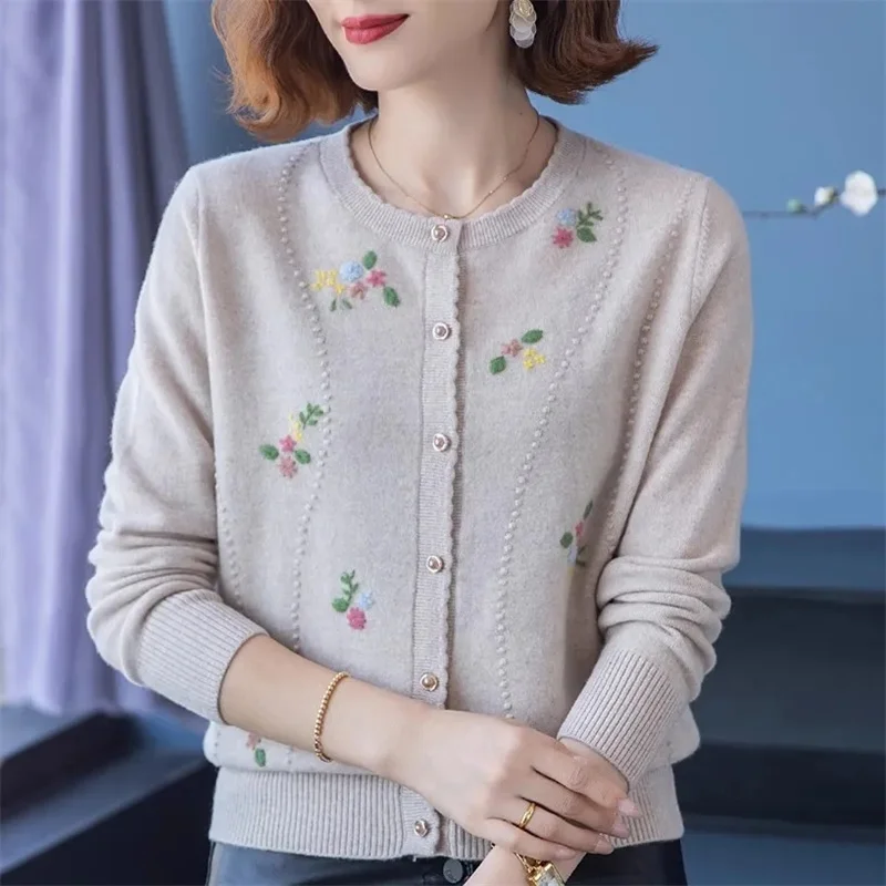 

New Fashion Spring 100% Merino Wool Womens O-neck Cardigan Cashmere Sweater 2025 Female Clothing Grace Knitwear Korean Tops