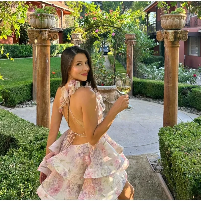 3d floral fofo mini vestido moda chique feminino verão sem costas suspender vestido de férias halter em camadas vestido rendas até vestido de festa