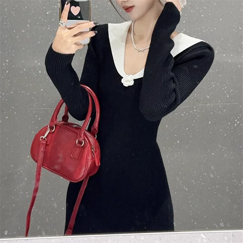 خريف جديد خمر أزياء الخصر النحيف الأسود محبوك فستان طويل الأكمام 3D زهرة الخامس الرقبة ألف خط شيك ميدي سترة قاع اللباس