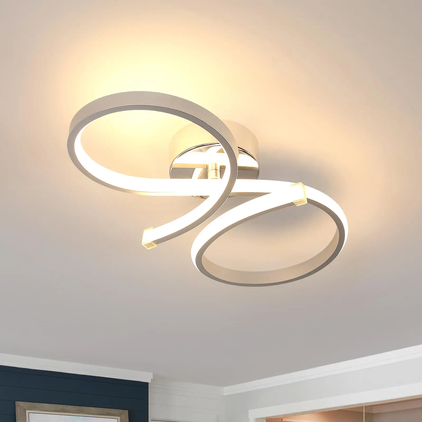 28W LED Ceiling Light, 40CM Modern Acrylic Ceiling Lamp, Warm Light 3000K Silver Spiral LED Chandelier Lighting Fixture for Bedr