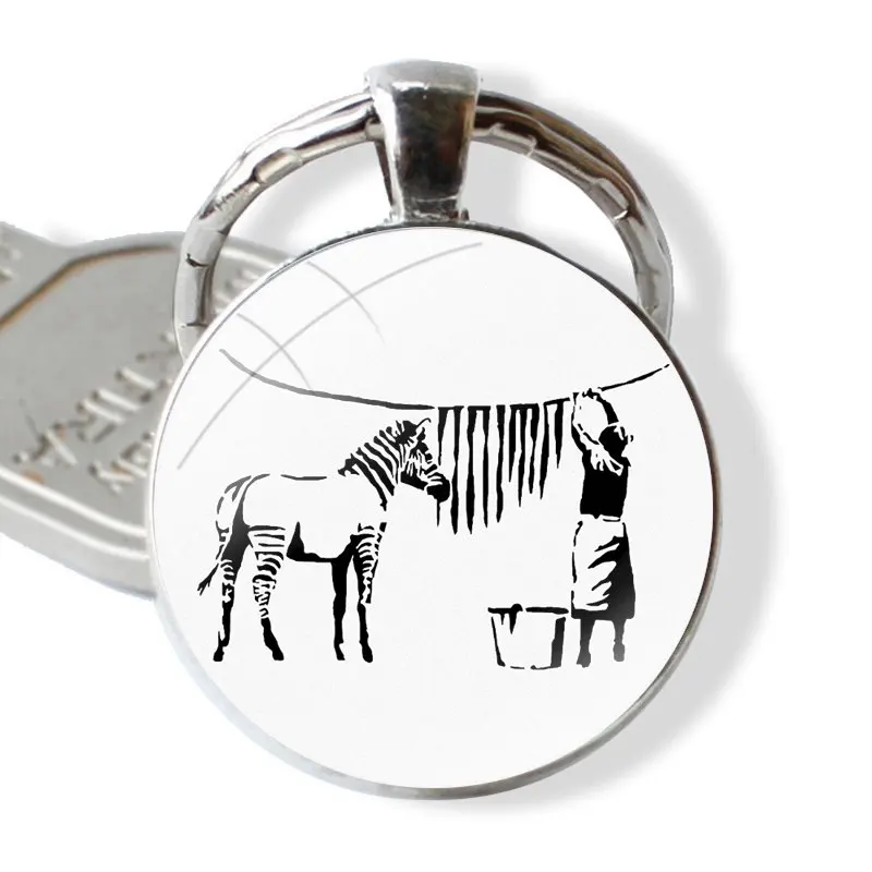 Keychain Handmade Glass Cabochon Key Ring Holder Pendant Key Chains Graffiti Artist Banksy Zebra