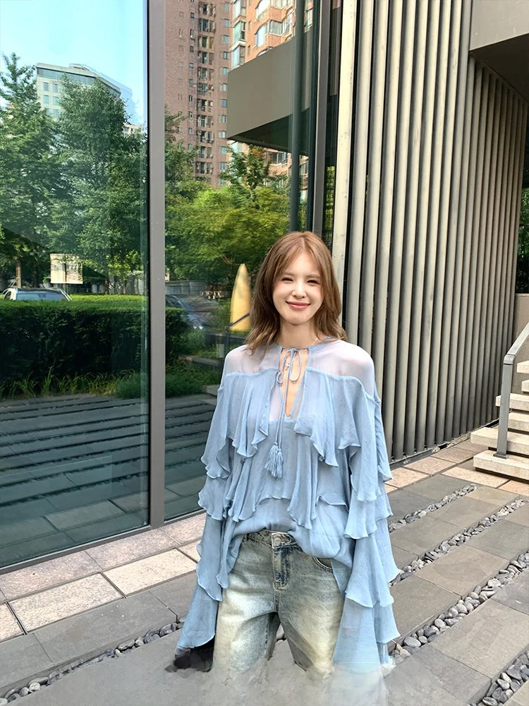 

Xzichic Silk Blouse Women's Summer Ele Flowing Lace Trim irt Gentlewoman Sle Loose Fit Long Sve round Ne Pure Color