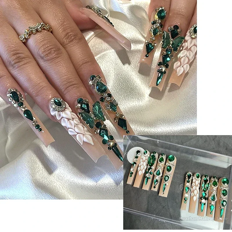 Maßgeschneiderte handgemachte 3XL Full Cover Falsche Nagelspitzen Luxus Glitzer Strass Press On Nails Y2K Extra langer gefälschter Nagel mit Kleber