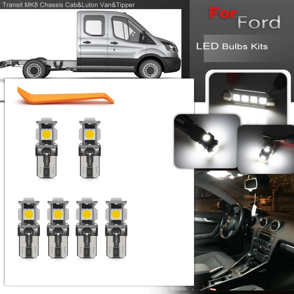 Fits For 2014-2024 Ford Transit MK8 Chassis Cab&Luton Van&Tipper Canbus White LED Interior Package Light Bulbs Map/Dome/License