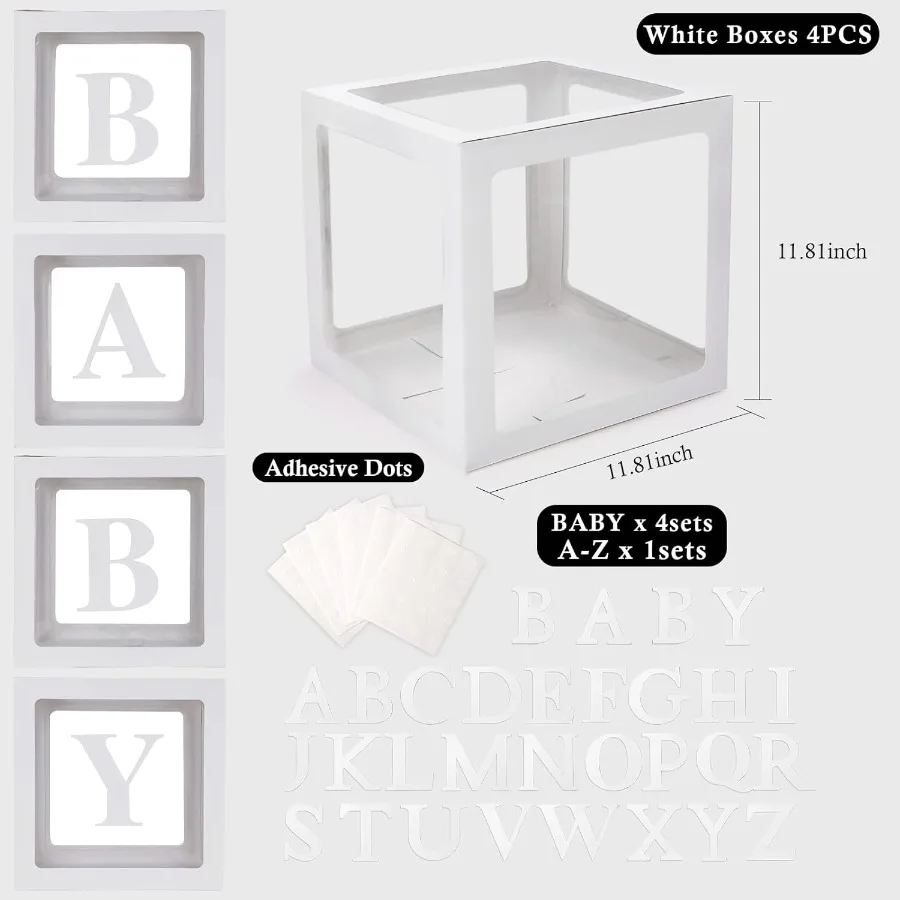 Cajas de bebé con 42 Uds. De letras para Baby Shower, cajas de globos transparentes, bloques de cajas de globos transparentes para niño y niña, fiesta de revelación de género