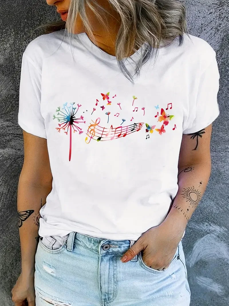 Notes and Butterflies Graphic T-Shirt Women's Street dressing Summer Fashion Harajuku Casual O-Neck Short sleeve Original design