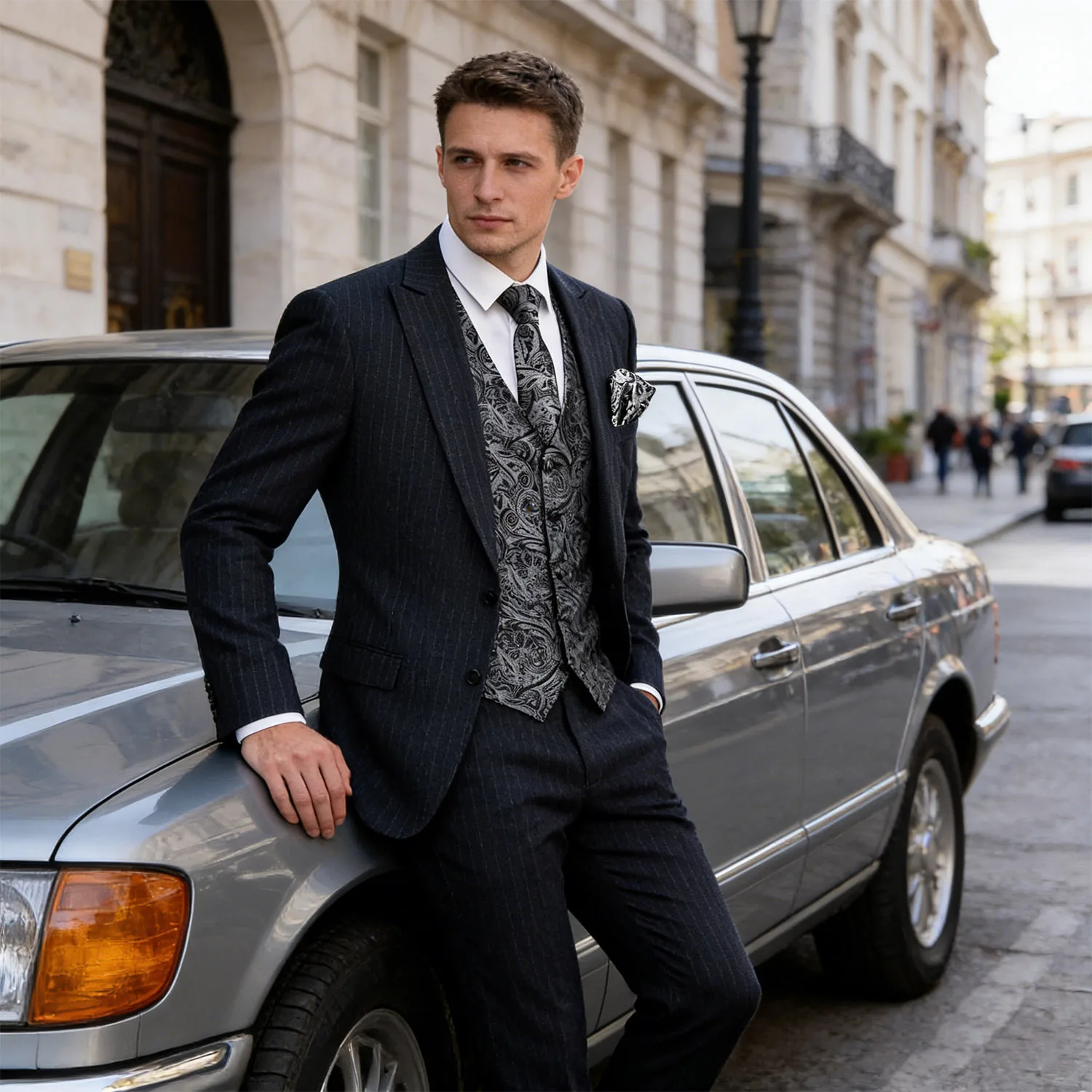 

Мужской полностью черный жилет с серебристым цветочным узором пейсли, V-образным воротником, платком и запонками, идеально подходит для свадьбы, вечеринки, подарка, на каждый день