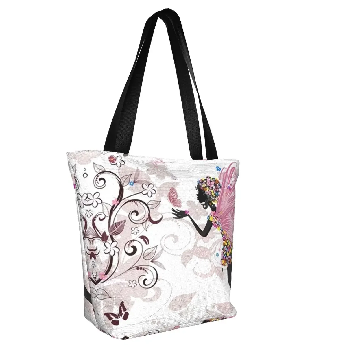 Flower Fairy  Girl Grocery Tote Shopping Bag Women Custom Canvas Shoulder Shopper Bag Large Capacity Handbags