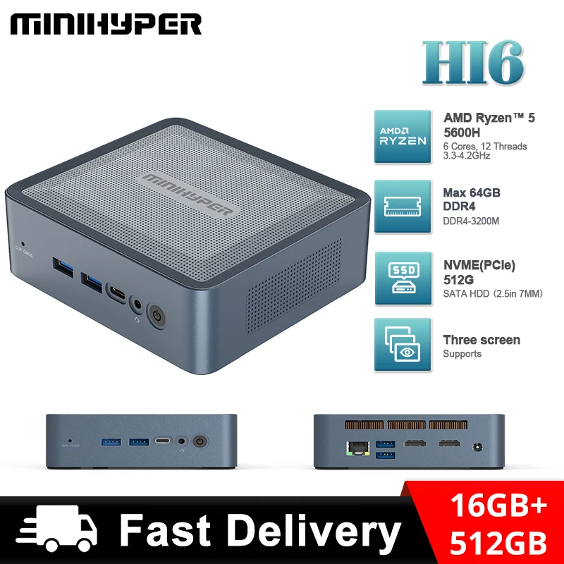 Minihyper Hi6 Mini Pc Amd Ryzen 5 5600H Cpu 16Gb DR4-3200M 512Gb Opslag Ssd Nvme Dc Jack Usb Hdmi Audio Jack Type-C