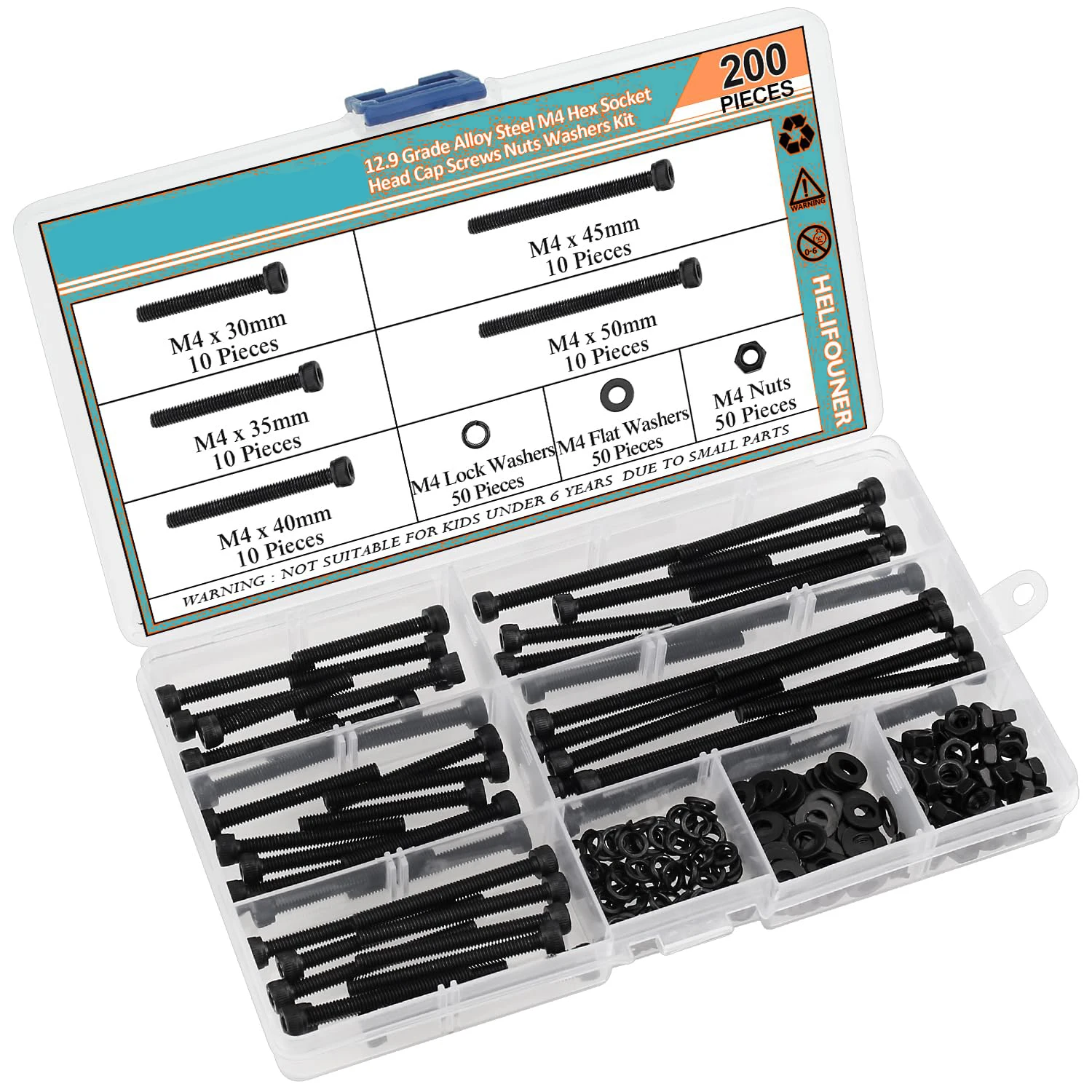200 قطعة من M4 x 30 مللي متر/35 مللي متر/40 مللي متر/45 مللي متر/50 مللي متر مسدس مجموعة مقابس مسامير البراغي غسالات المكسرات أطقم ، الصف 12.9 سبائك الصلب ، thr بالكامل