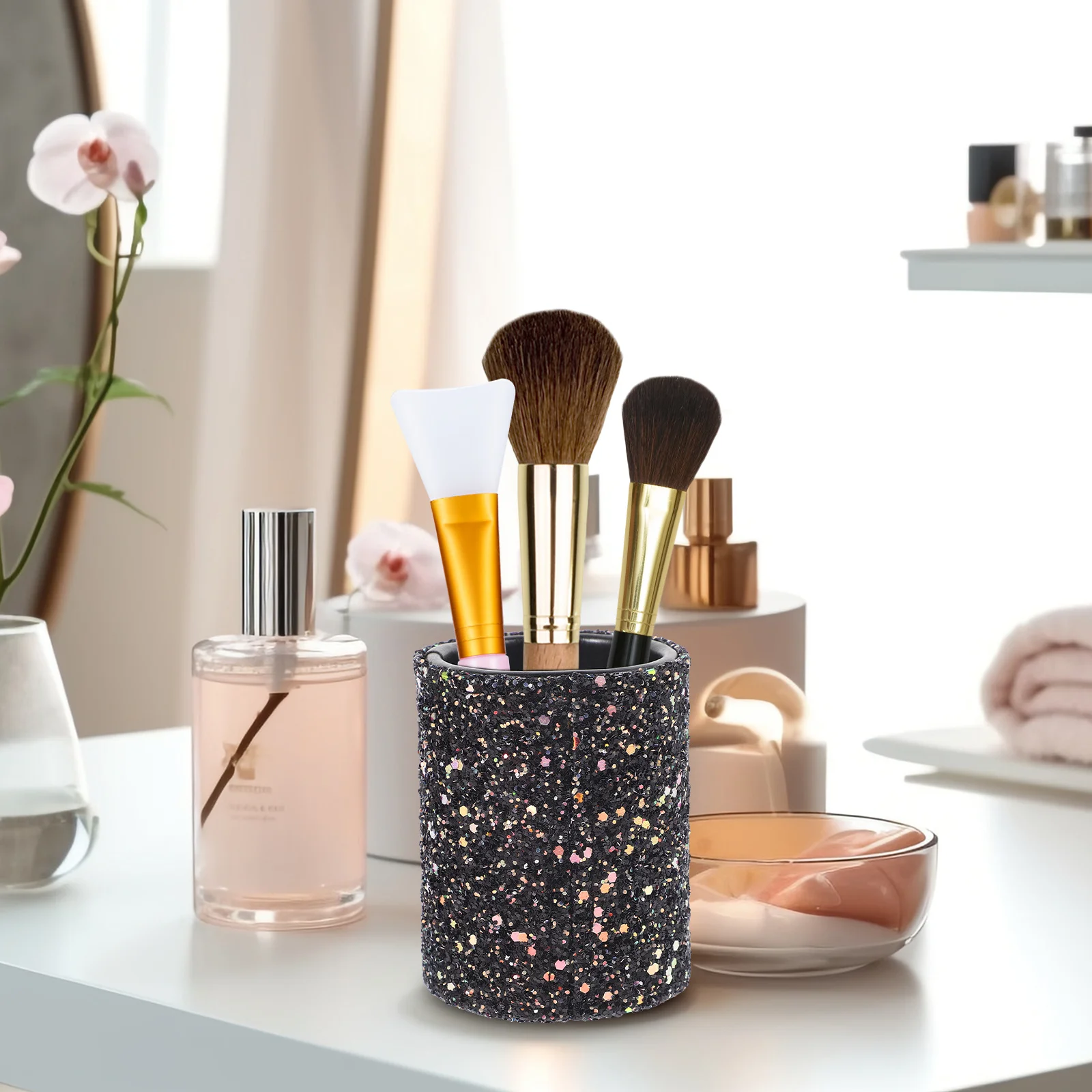 Decoratieve make-up kwasten organizer, kleine glitter emmertje, draagbare opbergoplossing voor cosmetica en tools, efficiënte opbergoplossing voor de kaptafel