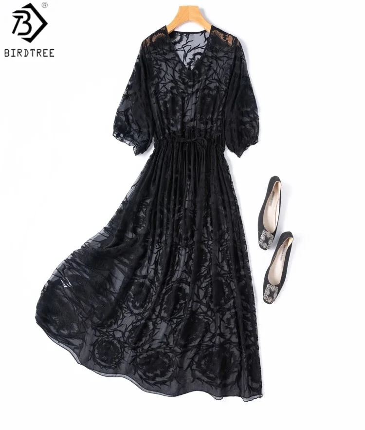

BirdTree 100% Mulberry Silk Black Dress,Woman Embroidery Semi Perspective V-neck High Waisted Drawstring Dress,2025 New D56902JF