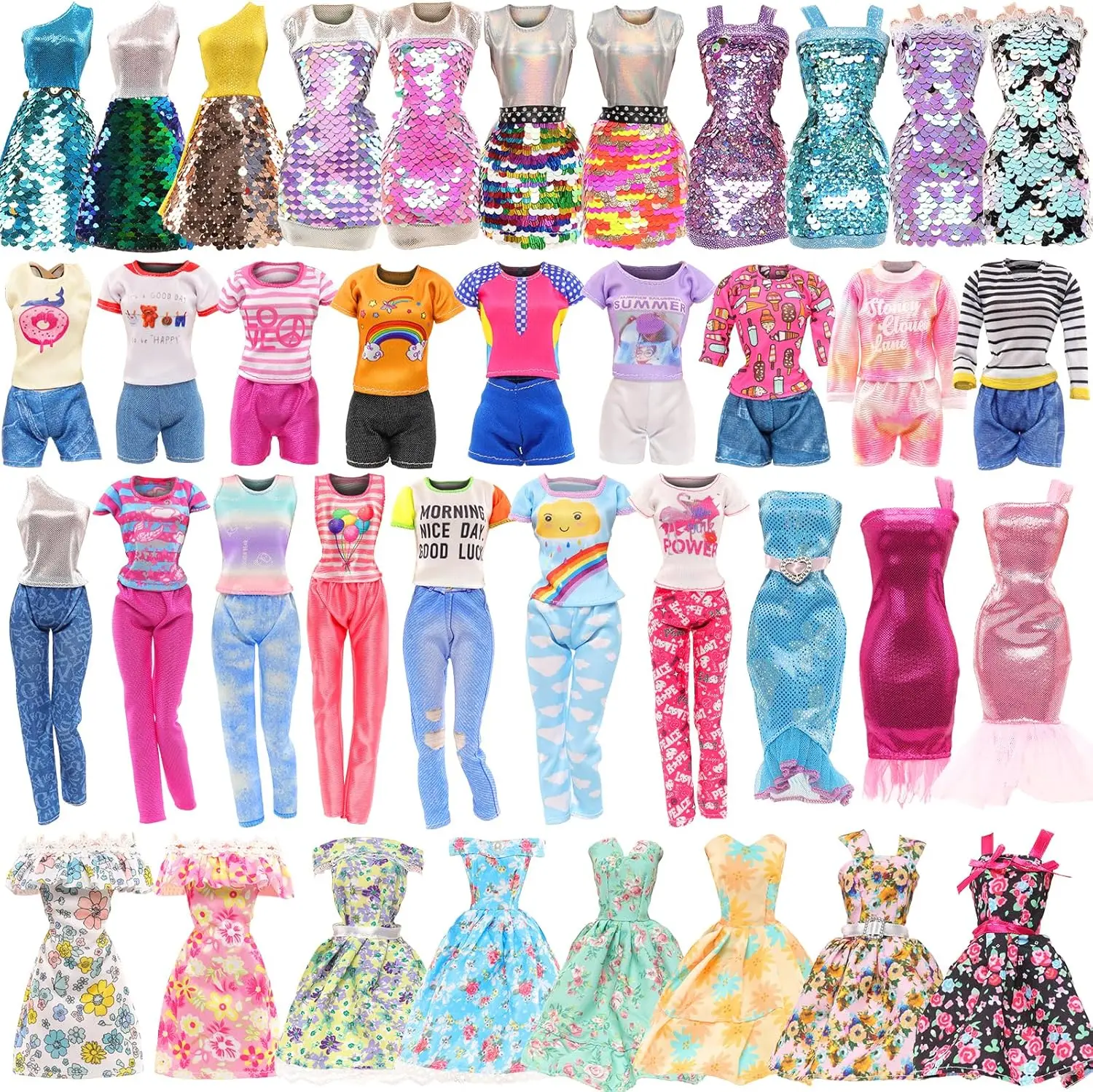 BARWA 11 Sets Doll Clothes Including 3 Sequins Dresses 4 Fashion Floral Dresses 4 Casual Outfits Tops and Pants