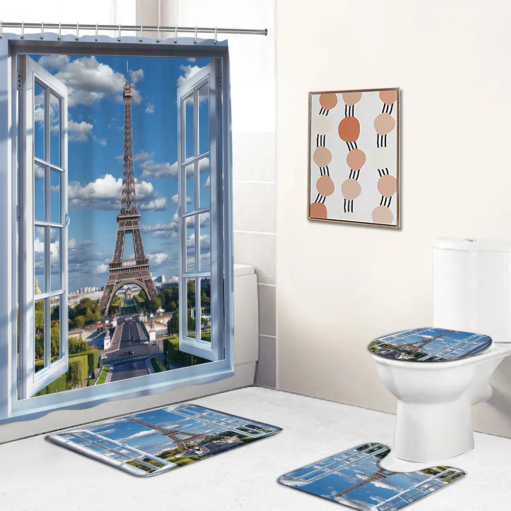 Paris Tower Shower Curtain Set High-heels Red Lipsticks Romantic Couple Bathroom Curtain Non-slip Bath Mat Toilet Lid Cover