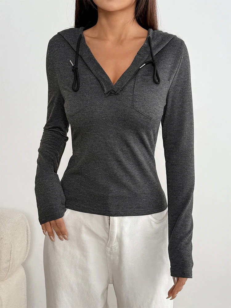 Felpa con cappuccio da donna nuova autunno Felpa con cappuccio sexy con scollo a V solida Top Streetwear Moda maniche lunghe Lace-up Abbigliamento sportivo femminile sottile casual