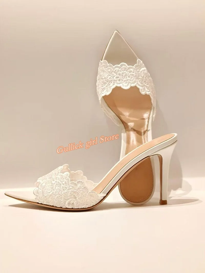

White Lace Pointy Toe Slippers Sexy Pointy Toe Slip On Shallow Runway 2026 Spring Women Dress Shoes Thin High Heel Peep Toe
