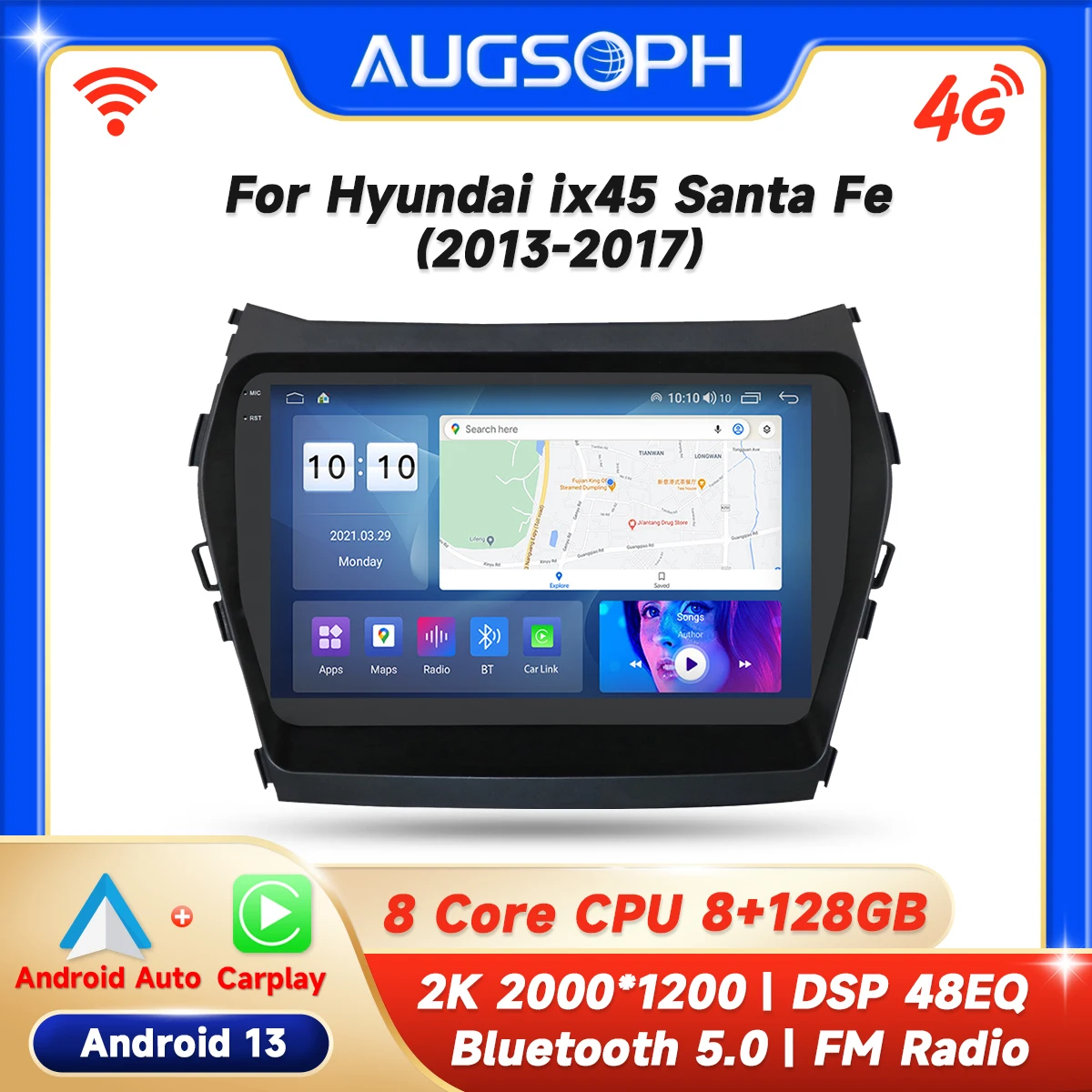 

Автомобильный радиоприемник Android 13 для Hyundai IX45 Santa Fe 2013-2017, 9-дюймовый мультимедийный плеер с 4G + WIFI Carplay и 2Din GPS-навигацией