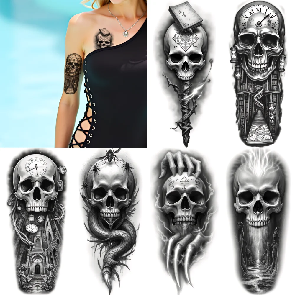 

3pcs Temporary Tattoo Black And Grey Realism Bull Skull With Snake Skull With Worm Skull With Cards For Women Men Adults