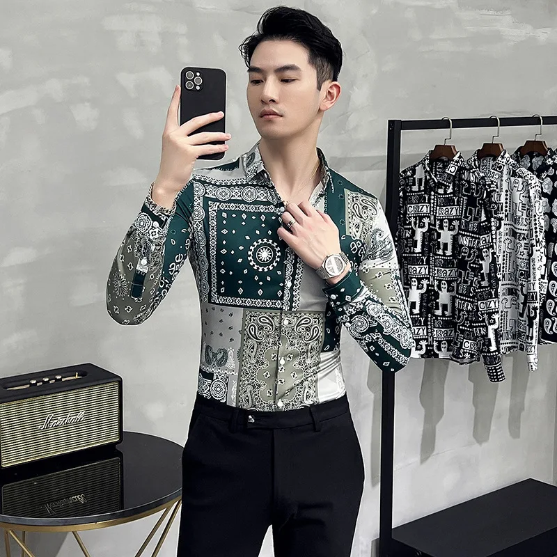 British Style Fashion Green Printed Shirts Men Retro Slim Fit Long Sleeve Floral Shirt Streetwear Homme Social Party Clothing