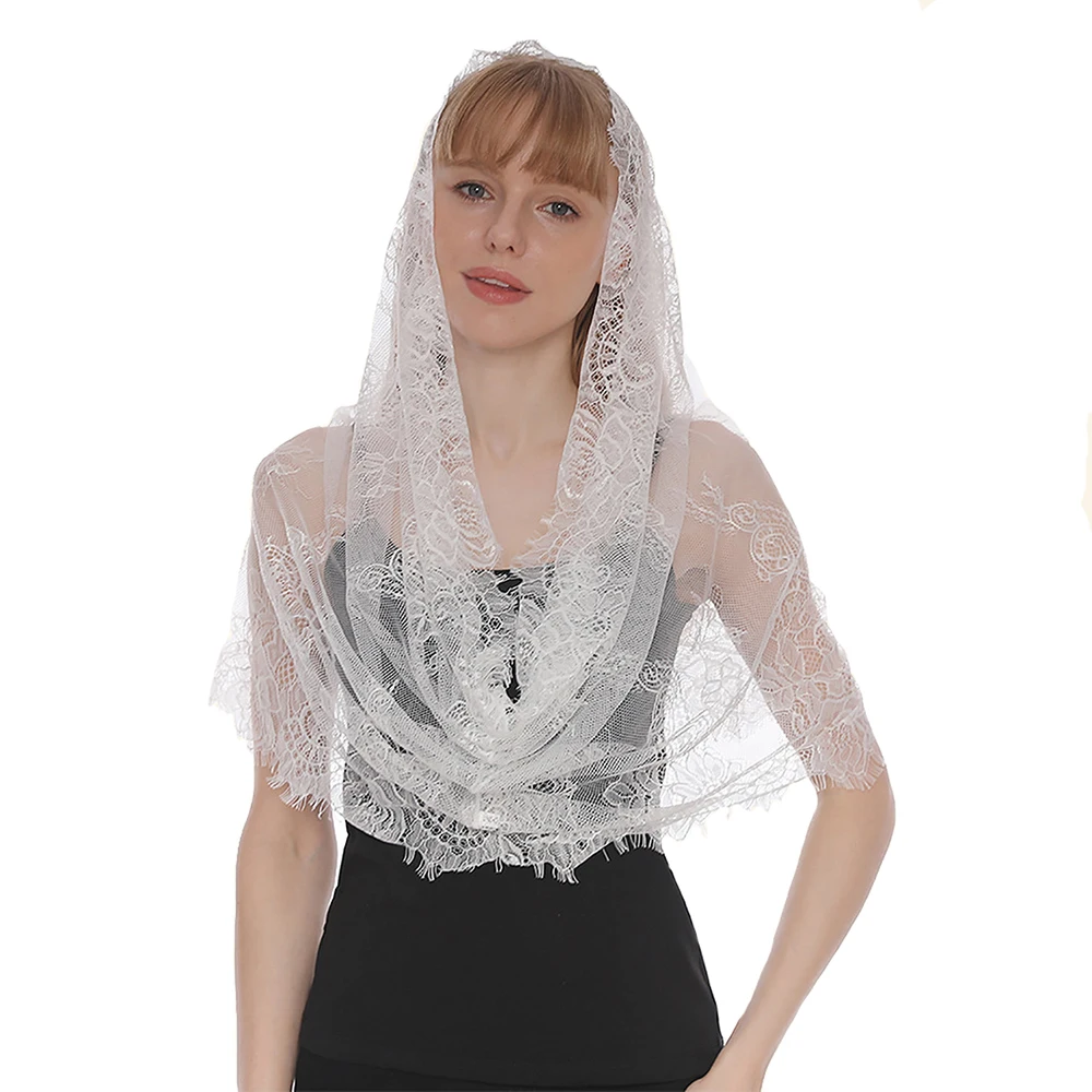 White/Black Lace Veil Lace Mantilla Veil for Bride Church Round Scarf Wrap Muslim Bridal Head Covering Short One Layer For Women