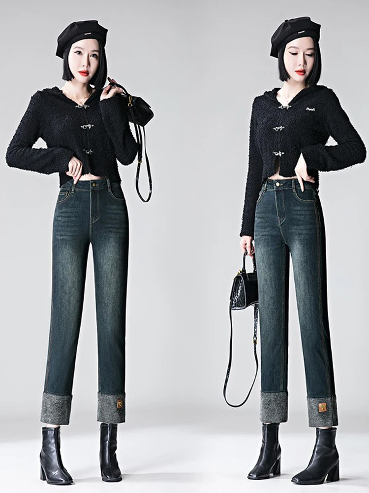 

High Waist Straight Leg Nine-Tenths Jeans Women's Outerwear Turn-Up Anti-Aging Slimming Pants Autumn New Sle Casual Denim